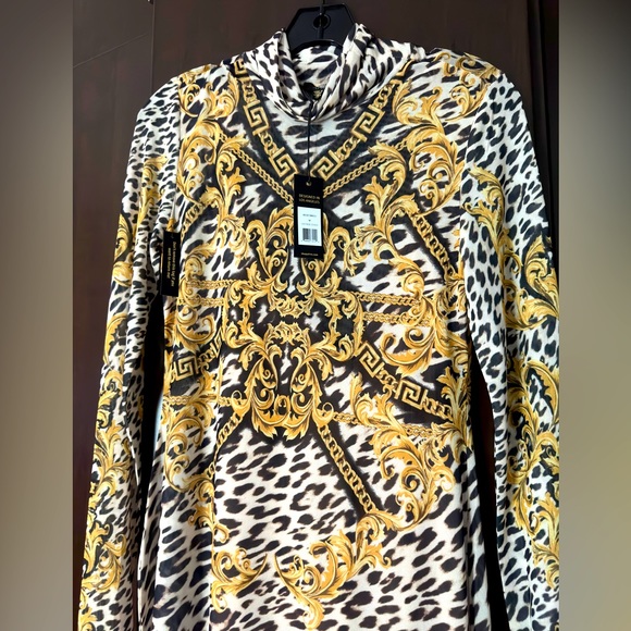 AFRM Shailene Turtleneck Mesh Midi Dress Leopard Vintage Chain Print Medium - Picture 2 of 4